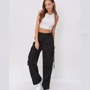 Pantalones Cargo de Mezclilla de Cintura Alta con Múltiples Bolsillos, Lavado Negro, Frente Plano, para Mujer, Transpirables, con Cierre de Cordón, para Invierno - Product Image 6