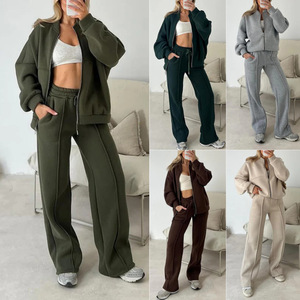 Women's 2025 New Arrivals: Stylish Casual Two-Piece Set Solid Color Long-Sleeve Sweatshirt Zip-Up <strong>Trousers</strong> - Product Image 2