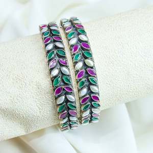 Aasma 925 Silver Fine Bangle <b>Ruby</b> & Emerald Semiprecious Stone Single Piece - Product Image 5