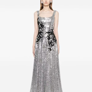 Robe de soirée sans manches en forme de corps florale aline élégante perlée à paillettes et perles avec logo sur le devant - Product Image 1