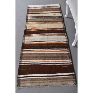 Vintage Turkish Kilim Rug 2.8x6.7 ft, <b>Brown</b> Accent Floral <b>Wool</b> Rug - Product Image 1