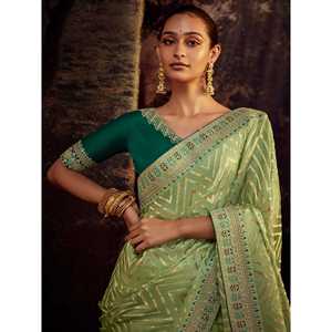 Precioso Sari de Seda Verde Mar con Bordado Zari y Blusa para Festivales y Ocasiones Especiales - Product Image 4