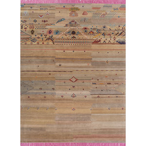Manchaha Beige & <b>Brown</b> Hand Knotted <b>Wool</b> & Bamboo Silk Rugs-Les-2336 Striped Rectangle for Bedroom and Hallway for Home Use - Product Image 4