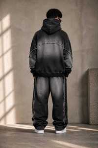 Mens Vintage Acid Wash <b>Black</b> Heavyweight Distressed Pullover Hoodie And Matching Drawstring <b>Joggers</b> Set Two-Piece Casual - Product Image 4