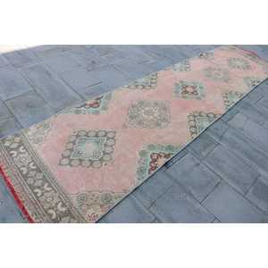 Vintage 3.1x12.1 ft <b>Rug</b>, Turkish <b>Runner</b> <b>Rug</b>, Pink Check <b>Rug</b> - Product Image 3