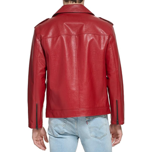 Veste moto en cuir PU rouge pour homme, col rabattu, fermeture éclair, coupe classique, couleur unie, style automne - Product Image 3