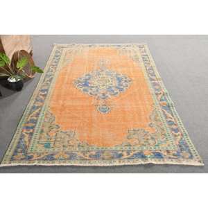 Alfombra de lana turca vintage de 5 pies, 7 pulgadas x 9 pies, naranja y azul, tejido plano rectangular clásico con patrón de retazos con respaldo de látex - Product Image 4