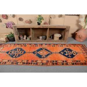 Turkish <b>Vintage</b> <b>Rug</b>, 2.9x10.2 ft Herki <b>Rug</b>, Orange Blue Southwestern Wool <b>Rug</b> - Product Image 4