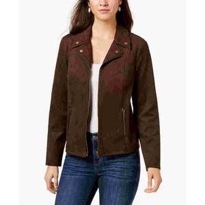 Giacca Moto in Finta Pelle Scamosciata Marrone da Donna Style Co, Stile Bomber con Colletto Alto, Motivo Tinta Unita, Logo Personalizzato, PU XL per Signore, Collezione Autunnale - Product Image 1