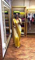 Sari Amarillo de Una Pieza para Mujer, Colección Tradicional de Seda para Verano/Invierno, con Bordado y Encaje, Sin Arrugas, Protección Solar