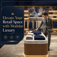 Conjunto de estanterías para tienda de ropa masculina con mostrador blanco acanalado y expositor de madera cálida para prendas de punto, mobiliario para boutique de ropa masculina