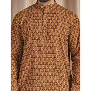 Kurta décontracté pour homme en coton imprimé à manches longues couleur moutarde respirant coupe courte - Product Image 2