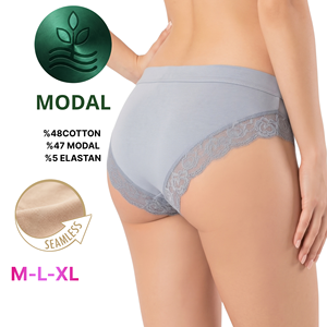 Culottes Bikini Femme Sexy en Modal Tricoté Sans Couture Écologique avec Logo à la Taille, Taille Mi-Haute, Bordure en Dentelle, Couleurs Assorties - Product Image 3