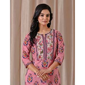 ชุดคุर्ตาอัฟกานีสีชมพูพิมพ์ลายบล็อกทรงตรงสไตล์ลำลองสำหรับฤดูใบไม้ผลิ/ฤดูร้อน เสื้อแขนสามส่วน - Product Image 1