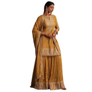 Amarillo mostaza Chinon Bandhani Palazzo Set Venta al por mayor Mujeres Ropa étnica OEM Fábrica Proveedor a granel Ropa de fiesta personalizada - Product Image 4