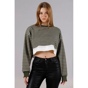Blusa Corta de Punto Color Caqui Informal para Mujer TOPSHOW, con Mangas Cortas, Tejido Cómodo de Mezcla de Poliéster para Uso Diario - Product Image 1