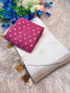 Sari de Seda de Algodón Chandari Puro y Suave con Borde de Zari, Diseño Jacquard Butti en Contraste Puro - Product Image 5