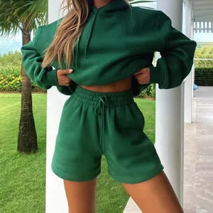 Women's Sets Custom Embroidery Letters 100% Cotton Fleece Solid Knee Plus Size Hoodie <b>Shorts</b> Your Own Brand Letters Twin Sets - Product Image 2