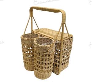 New Design Handmade Holiday Vintage Bamboo Wicker Picnic <b>Basket</b> Featuring Large <b>Lidded</b> Pocket and Two Open Bottle Holders - Product Image 2