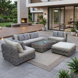 Grey <b>rattan</b> outdoor set chunky woven <b>sofa</b> set 5 piece patio lounge set grey wicker sectional <b>sofa</b> outdoor ottoman glass coffee t - Product Image 4