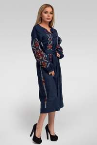 Ucrania bordado flor A-Line vestido para mujer Casual manga larga pluma costura cuello Natural elegante vestido largo - Product Image 6