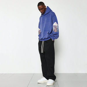 Pull à capuche en coton à manches longues avec poche kangourou, coupe régulière, écologique, de qualité supérieure, couleur bleue, délavé à l'acide, streetwear d'automne - Product Image 6