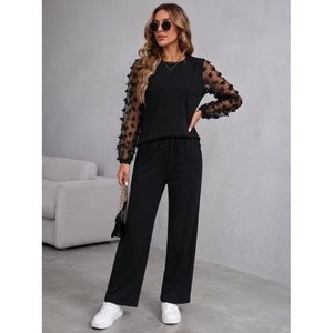 Ensemble deux pièces pour femme, chemisier à manches longues en viscose à deux fils et pantalon, col rond, manches en tulle, 37428 - Noir - Product Image 2