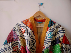 Best Selling Long Winter Quilted Coat Cut Work Embroidery Indian <b>Kimono</b> Style Vintage Kantha Jacket Cotton <b>Belt</b> Breathable - Product Image 2