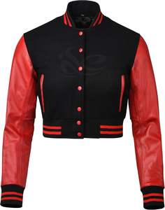 Chaqueta universitaria de moda personalizada de alta calidad de cuero rojo genuino mangas Chenille bordado recortado chaqueta universitaria de lana para mujer - Product Image 1