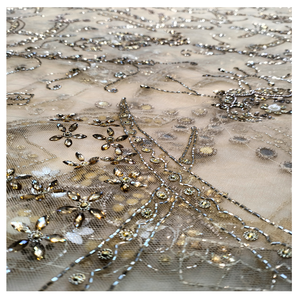 Alta calidad, 4 yardas, poliéster hecho a mano, cuentas de piedra dorada, tela de malla de encaje bordado, diseño Floral de lujo, crema para boda - Product Image 3