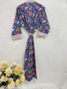 Robe Kimono indienne 100% coton faite à la main, longueur au sol, tunique traditionnelle, bloc floral imprimé, élégante Robe de bain, style inspiré - Product Image 5