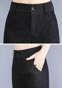 Pantalon droit vertical taille haute pour femme Pantalon d'été pour femme Short en dentelle évidée Empilé - Product Image 3