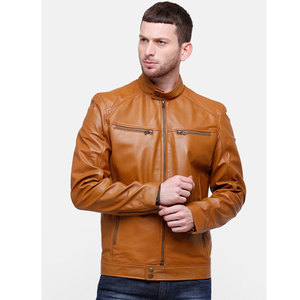 Veste en cuir de mouton véritable à la mode d'hiver pour hommes avec col montant et tissu en toile - Product Image 5
