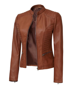 Chaqueta de motorista de piel de oveja auténtica de calle alta para mujer, chaqueta de lona con cierre de cremallera para motocicleta de invierno marrón y negro - Product Image 1