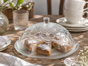 Assiette de service ronde en verre transparent décorée à la main, modèle « Daisy », avec bouton, pour présentation, fabriquée par procédé de rotation - Product Image 3