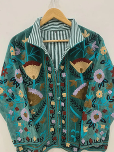 Green <b>Velvet</b> Floral Suzani Hand Embroidered Boho Coat Uzbek <b>Jacket</b> Button Printed Folk Festival Duster Outerwear for Summer - Product Image 2
