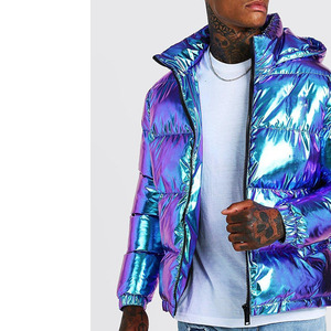 Chaquetas Acolchadas Reversibles Impermeables Reflectantes Holográficas con Capucha Unisex de Nueva Moda, Bolsillos con Ribete, Puños Elásticos, Poliéster - Product Image 3