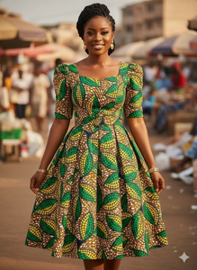 Tissu africain Dobby imprimé wax avec motif feuillage sur fond vert pour vêtements de cérémonie pour garçons - Product Image 5