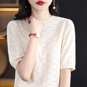 T-shirt d'été en coton pour femme, 100 % respirant, séchage rapide, personnalisable, col tricoté uni, manches courtes, pull ample - Product Image 5