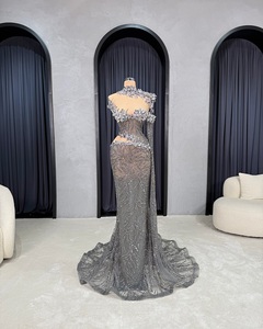 Robe de bal longue en satin à col montant et dentelle, coupe droite évasée, avec motif de sequins en cristal, fente latérale et style vintage pour soirée - Product Image 1
