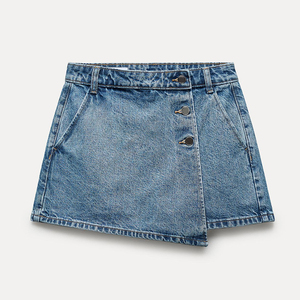 Fashionable Custom Desgin Double-Breasted Mid Rise 3 Button Closure Women's Denim <strong>Skirt</strong> Summer Washed <strong>Warp</strong> Breathable Girl <strong>Skirt</strong> - Product Image 5