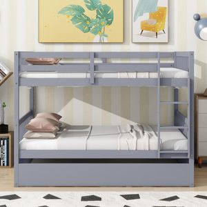 سرير بطابقين كامل قابل للتحويل من الخشب الصلب مع سلم أنيق قضبان أمان رمادي وتصميم تقليدي - Product Image 5