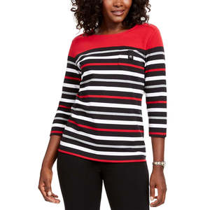 Karen Scott Top sportivo casual da donna a righe con maniche a 3/4, taglia grande, rosso brillante - Product Image 1