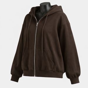 Sudadera con capucha extragrande para mujer, de forro polar grueso, con cremallera completa, color marrón liso, estilo urbano, hombros caídos, personalizable con logo. - Product Image 2