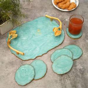 Bandeja de resina abstracta con asas doradas, diseño de hoja, bandeja para servir de geoda epoxi para joyería de café, regalo de tocador con estilo 'Angel' - Product Image 5