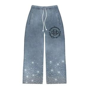 Pantalon de survêtement pour homme avec fermeture éclair, strass, impression sur écran, coton lourd, ample, jogging en molleton français - Product Image 1