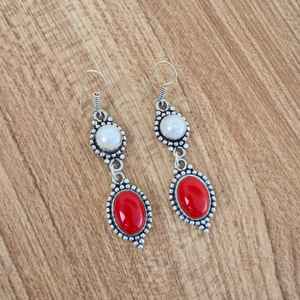 Pendientes de Coral Rojo y Perla con Múltiples Piedras, Plata 925, Hechos a Mano, Cristal, Estilo Boho, Regalo para Ella - Product Image 1