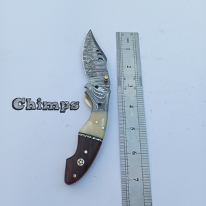 Damascus Steel Camping Self Defense Pocket <b>Knives</b> Outdoor EDC Tool Tactical Survival Folding Camel <b>Bone</b> Rose Wood <b>Handle</b> - Product Image 2