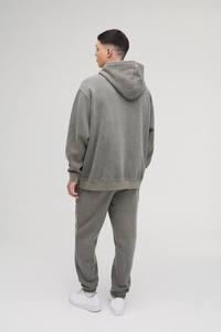 Custom Logo Print <b>Plus</b> <b>Size</b> 450gsm Winter Khaki Oversized 25 Varsity Acid Washed Hooded Tracksuit 100% Cotton French Terry - Product Image 3