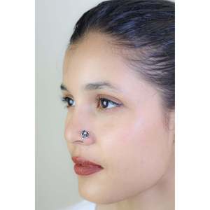 Piercing de Nariz de Plata 925 con Ópalo y Diamante, Diseño Redondo Rawa, Clip-on Nazakat, 6mm de Largo, Joyería Corporal de Acero Inoxidable - Product Image 1